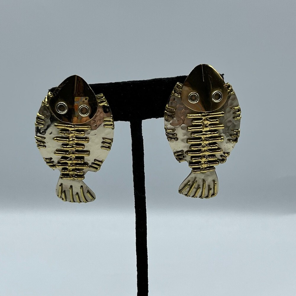Unisex unique Large artisan made brass fish peirced earrings